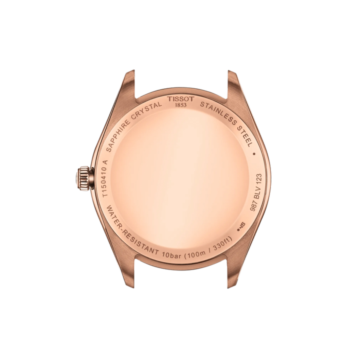 Rose gold watch case with Tissot branding on a white background