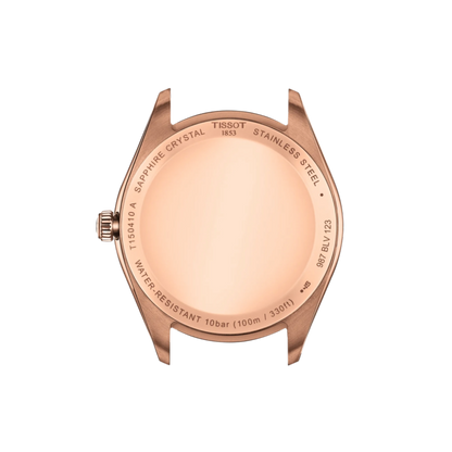 Rose gold watch case with Tissot branding on a white background