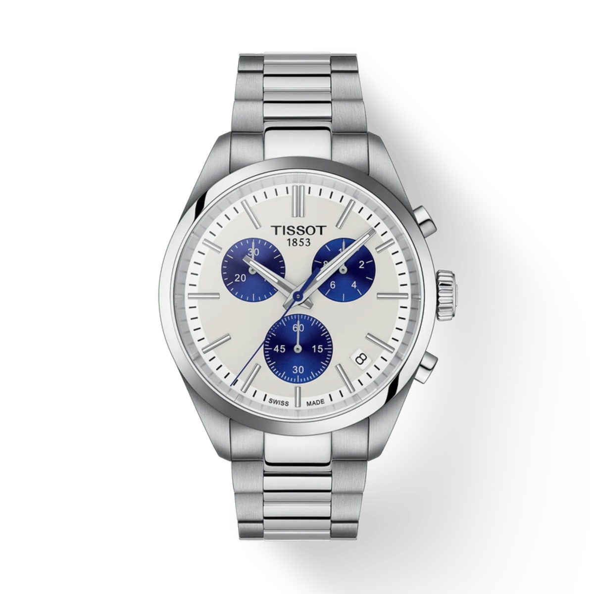 Silver Tissot watch with blue accents on a white background
