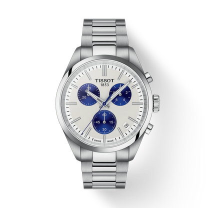 Silver Tissot watch with blue accents on a white background