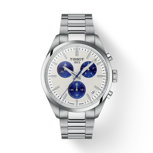 Silver Tissot watch with blue accents on a white background