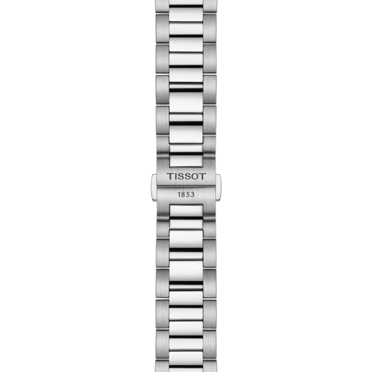 Silver watch bracelet with Tissot logo on a white background