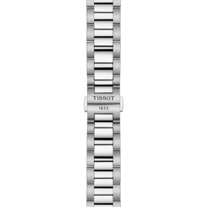 Silver watch bracelet with Tissot logo on a white background