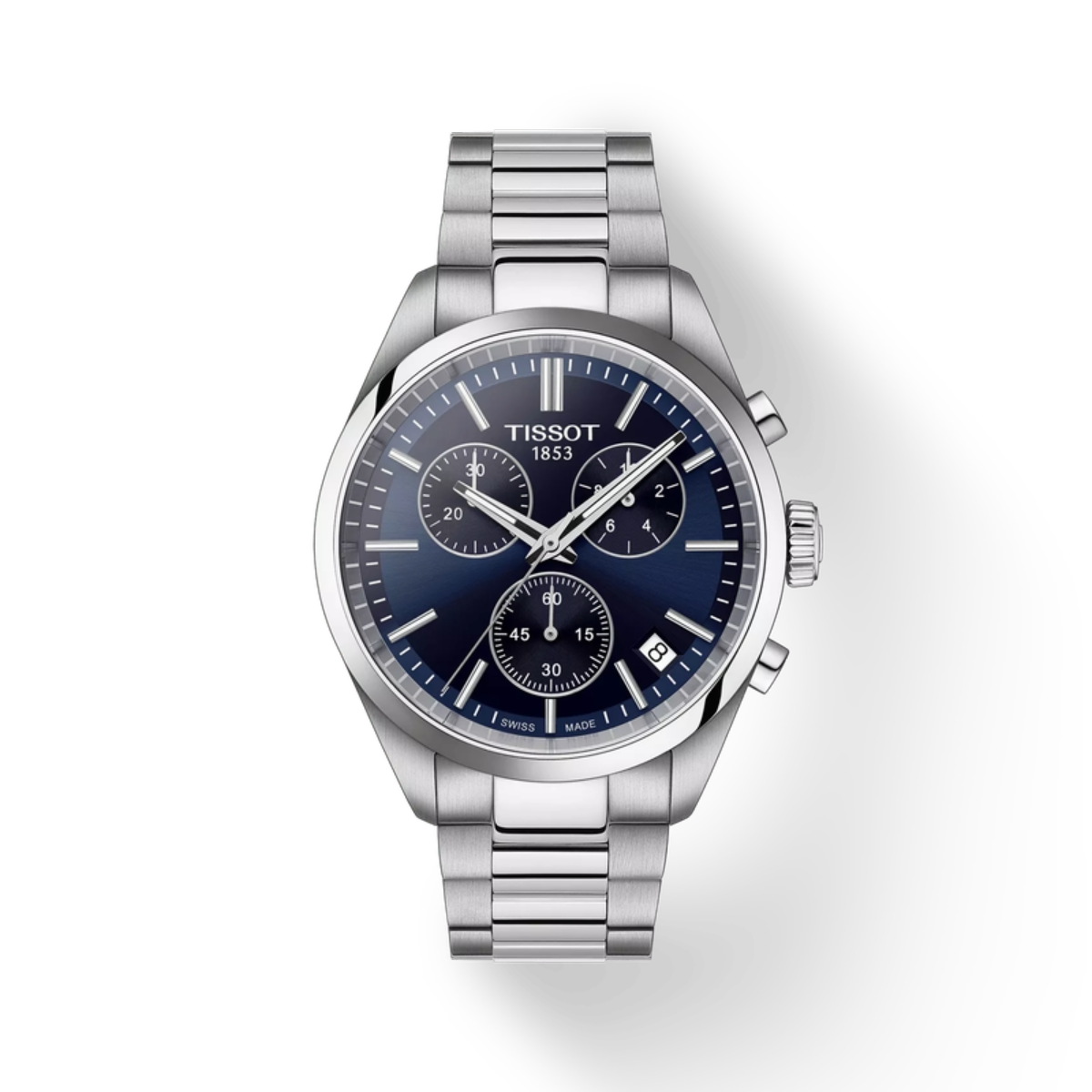 Silver Tissot watch with a blue dial on a white background