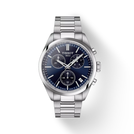 Silver Tissot watch with a blue dial on a white background