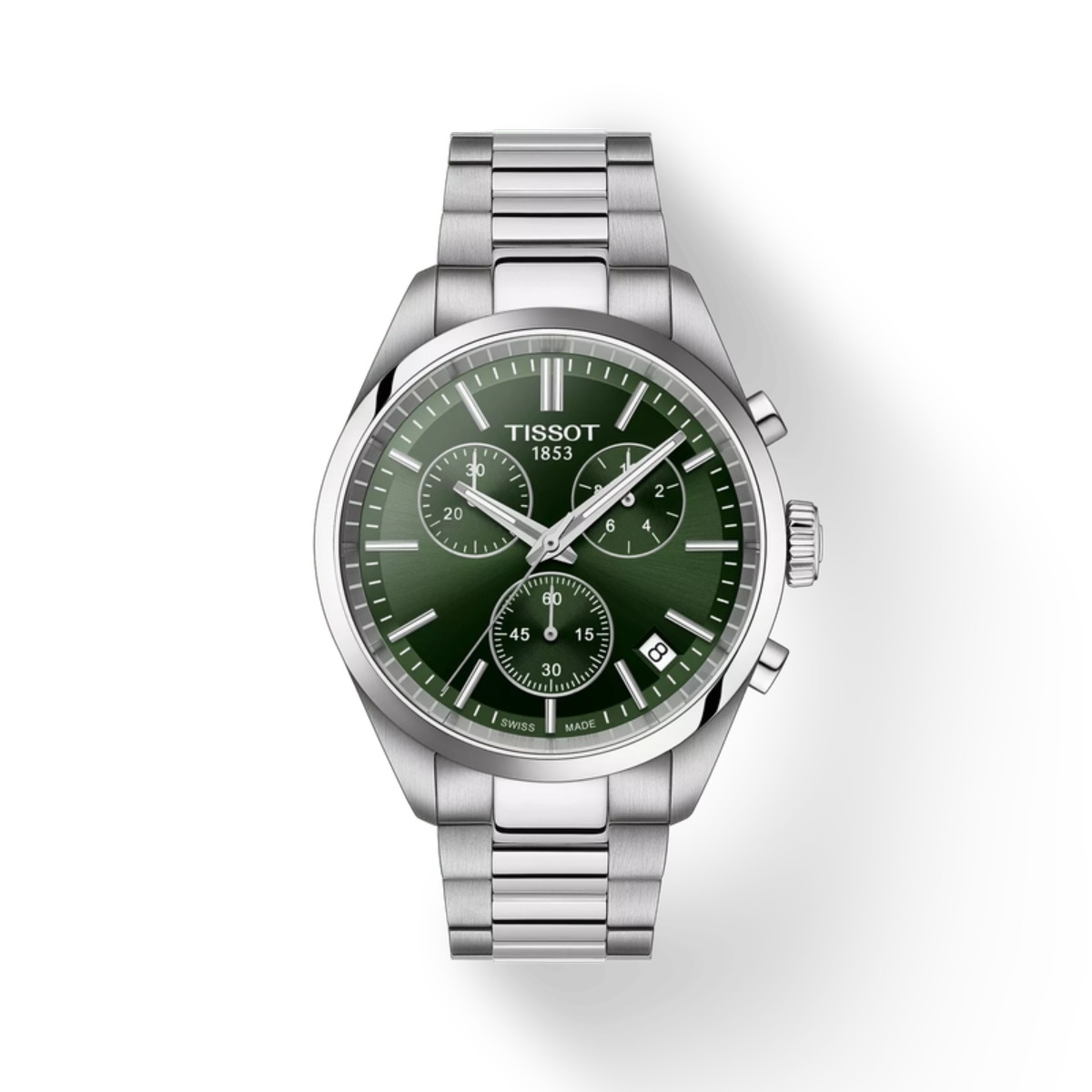 Tissot watch with green dial and silver metal bracelet on a white background