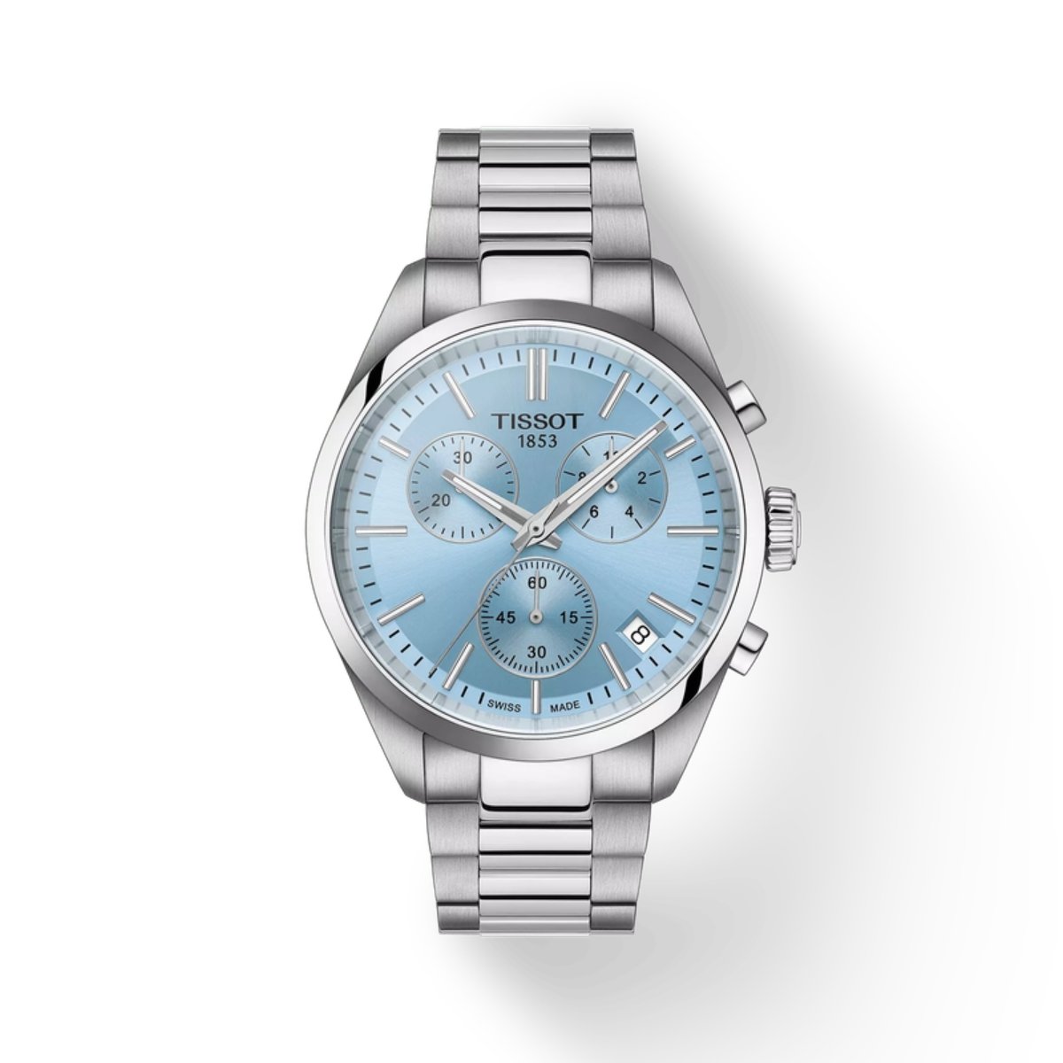 Silver Tissot watch with a light blue face on a white background