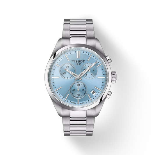 Silver Tissot watch with a light blue face on a white background
