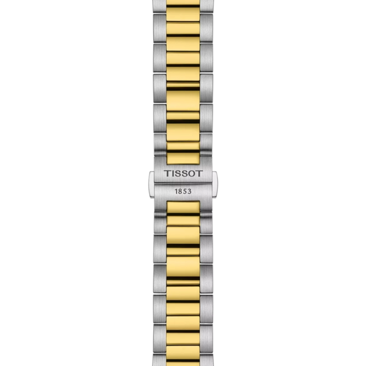 Two-tone silver and gold watch strap with Tissot branding on a white background