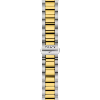 Two-tone silver and gold watch strap with Tissot branding on a white background
