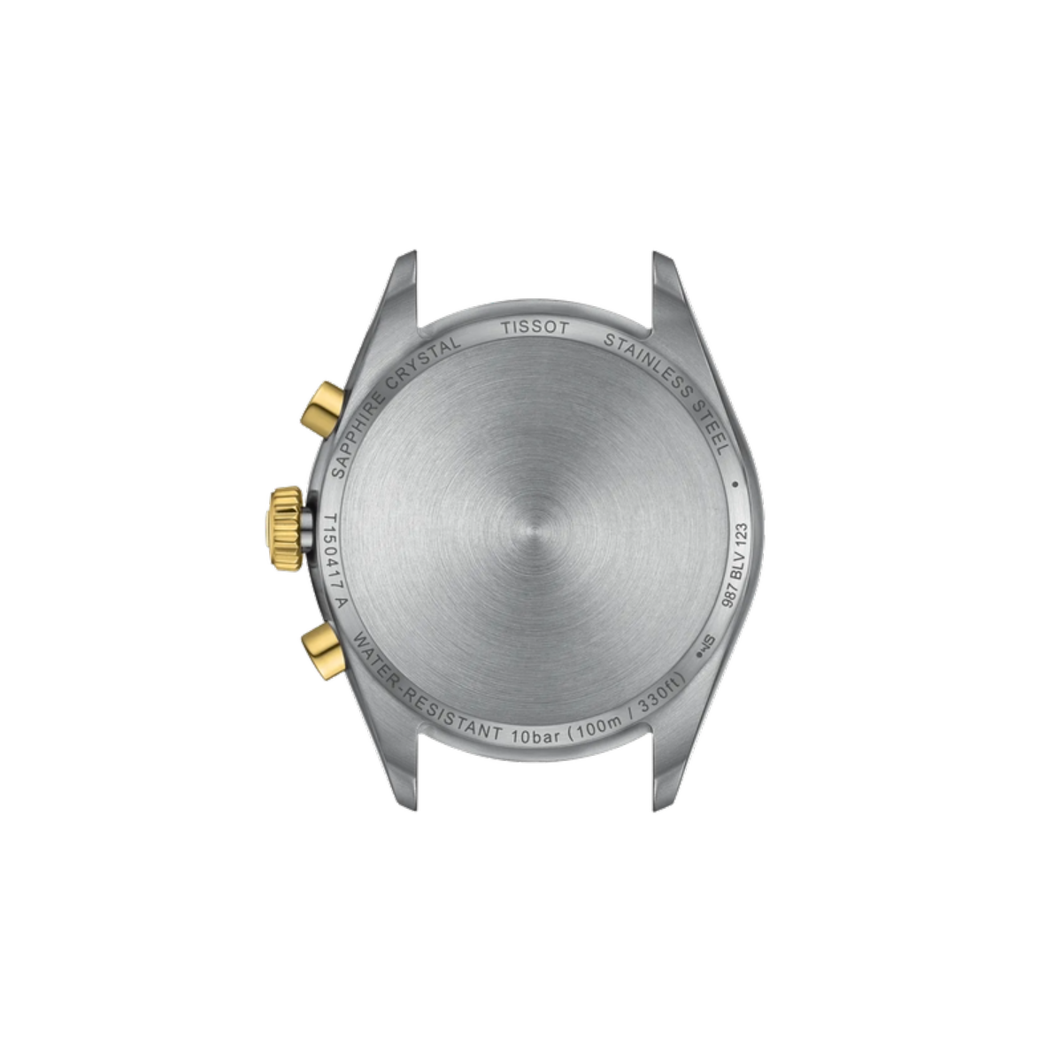 Back view of a Tissot watch with visible branding and model details on a white background