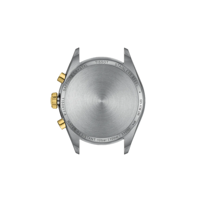 Back view of a Tissot watch with visible branding and model details on a white background