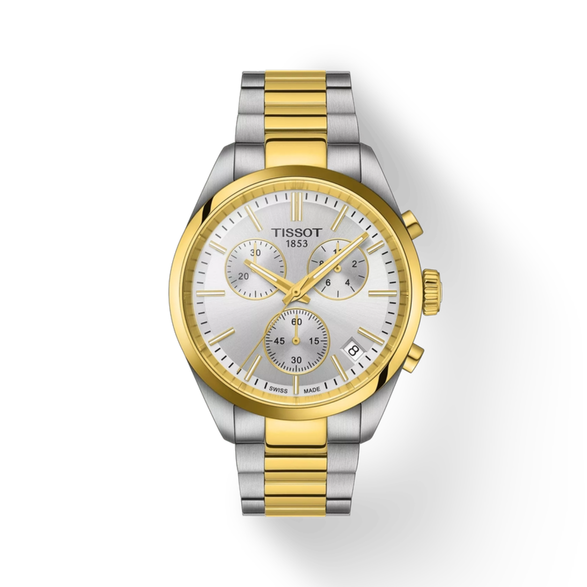 Two-tone Tissot watch with silver and gold band on a white background