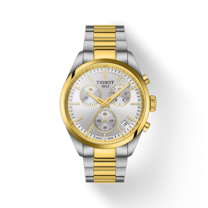 Two-tone Tissot watch with silver and gold band on a white background