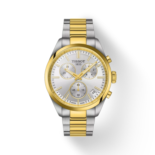 Two-tone Tissot watch with silver and gold band on a white background