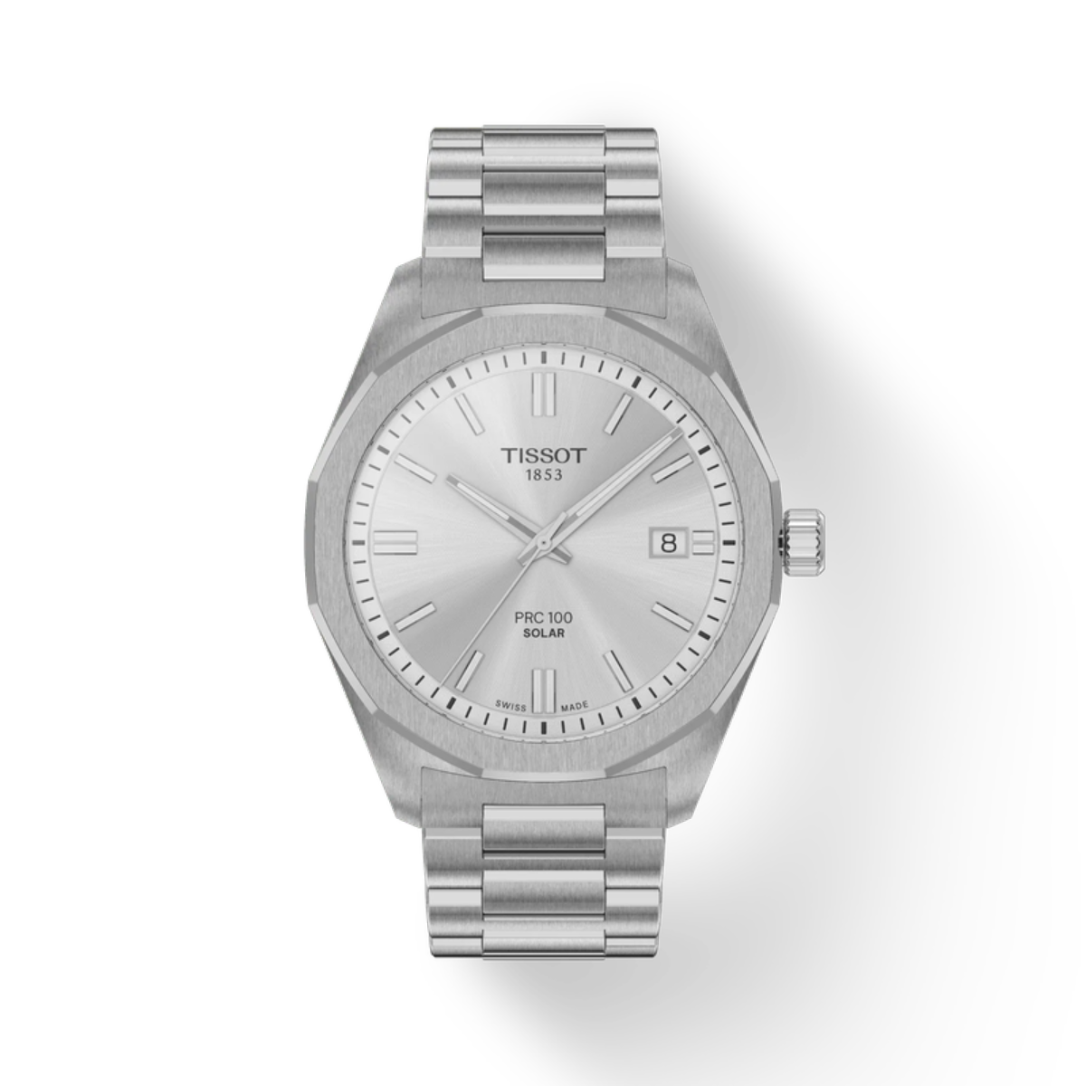 Silver Tissot watch on a white background
