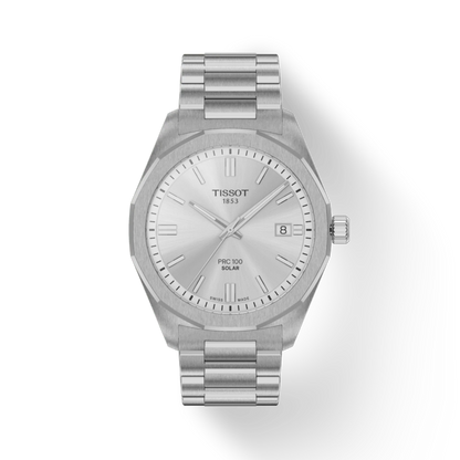 Silver Tissot watch on a white background
