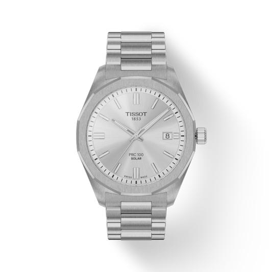 Silver Tissot watch on a white background