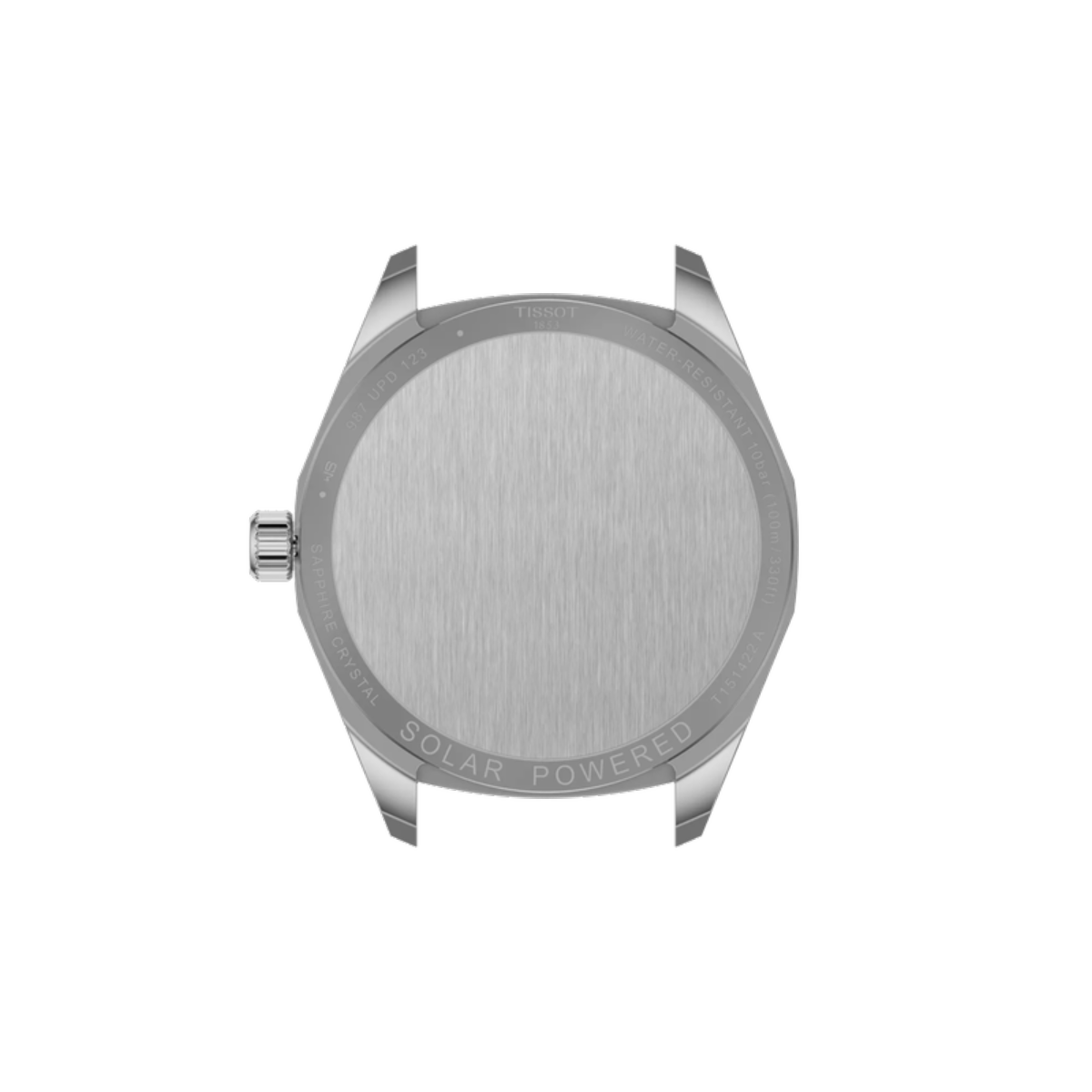 Back view of a silver watch with 'Solar Powered' text on a white background