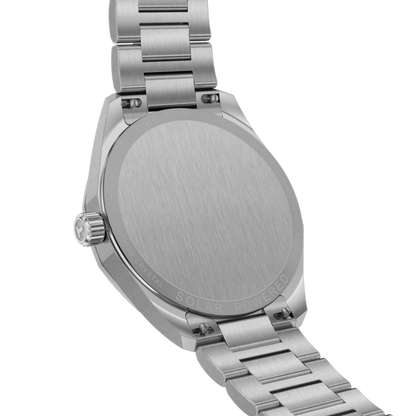Silver watch with a detailed back view on a white background