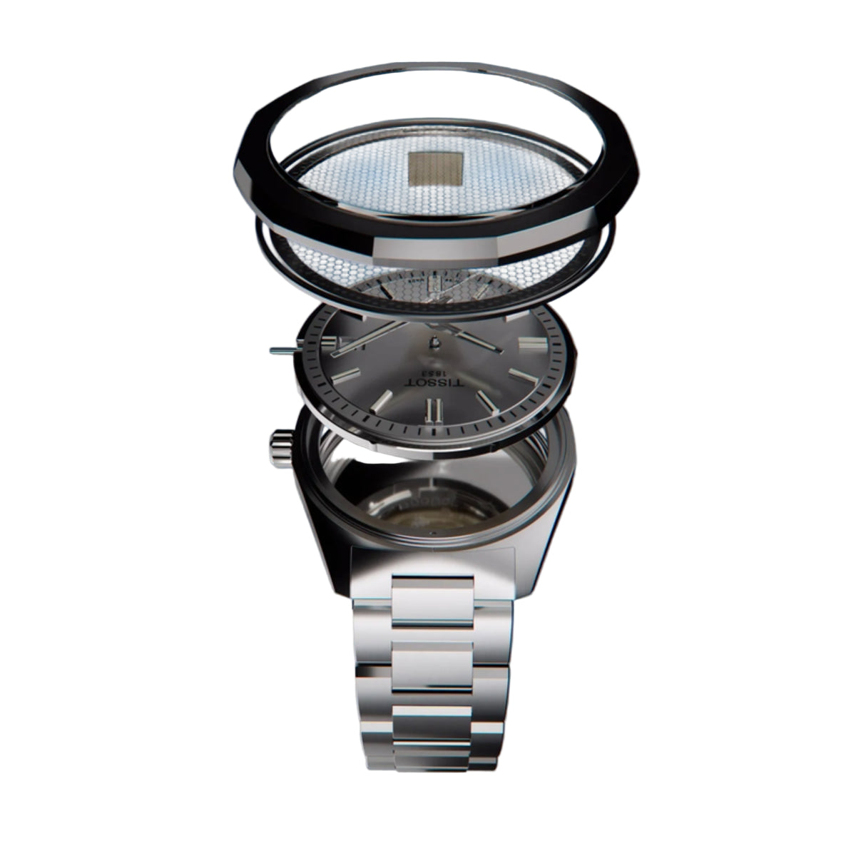 Silver watch with a clear protective case on a blue background