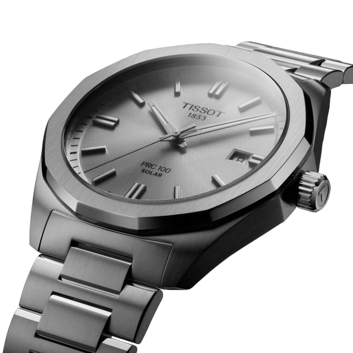 Silver Tissot watch with a blue gradient background