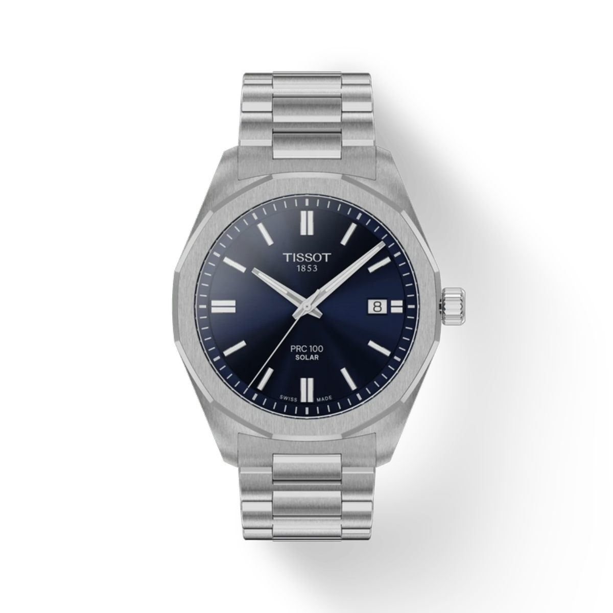 Silver Tissot watch with a blue dial on a white background