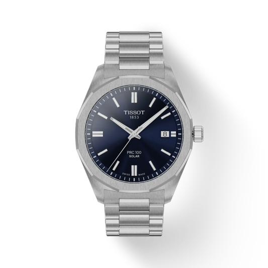 Silver Tissot watch with a blue dial on a white background
