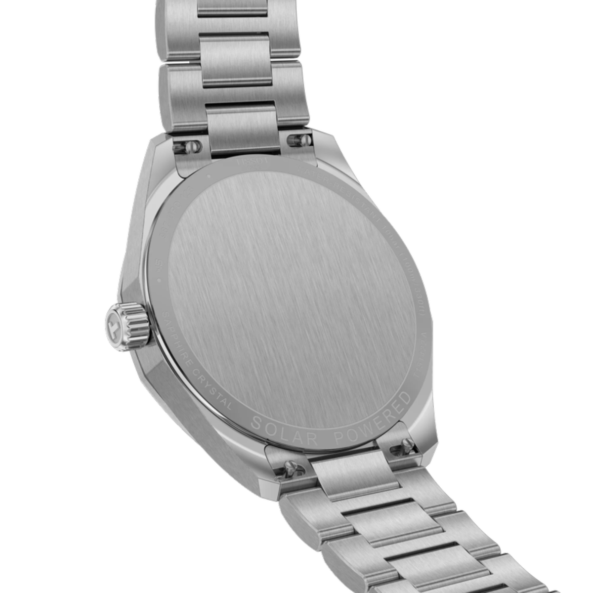 Silver watch with a detailed back view on a white background