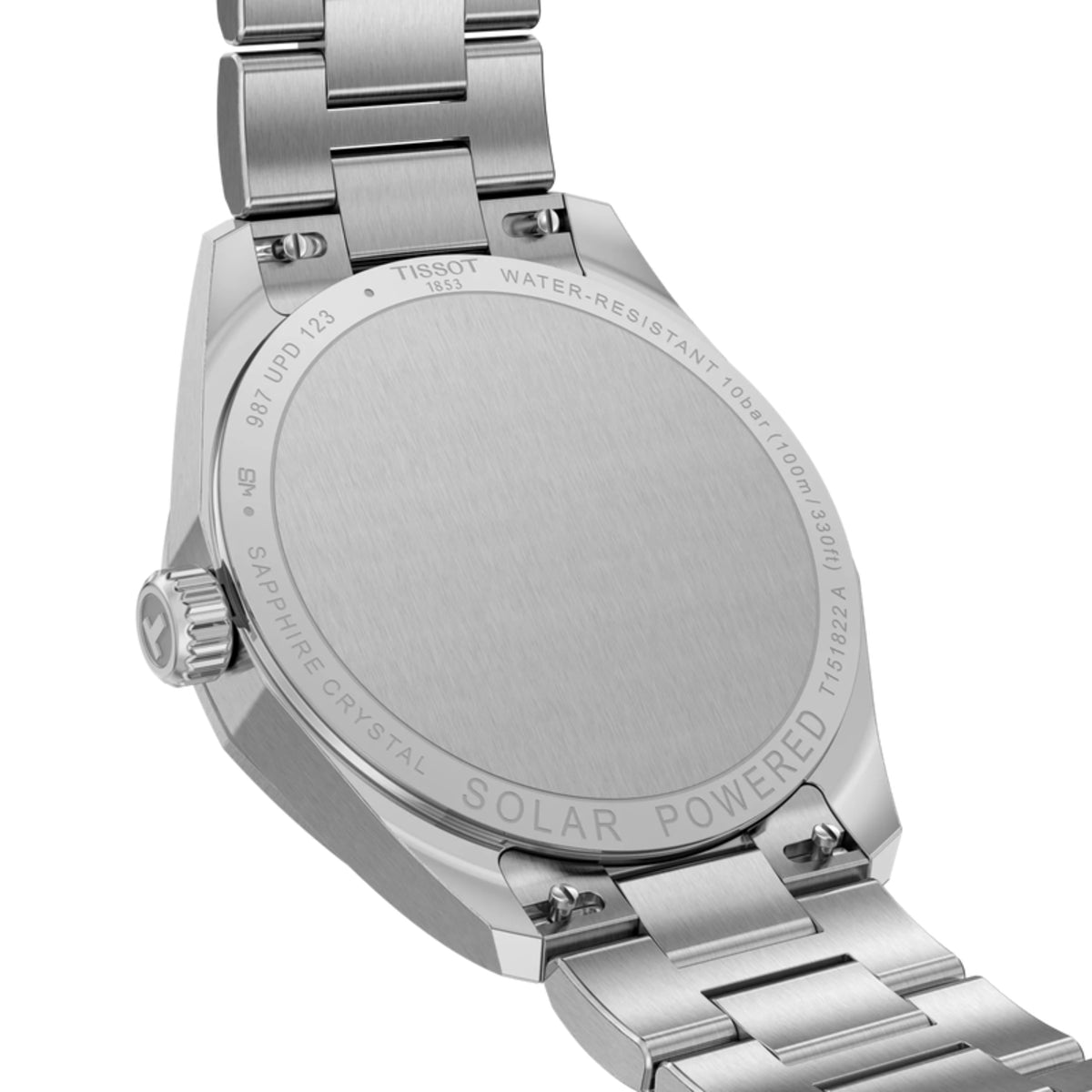 Silver watch with 'Solar Powered' text on a white background