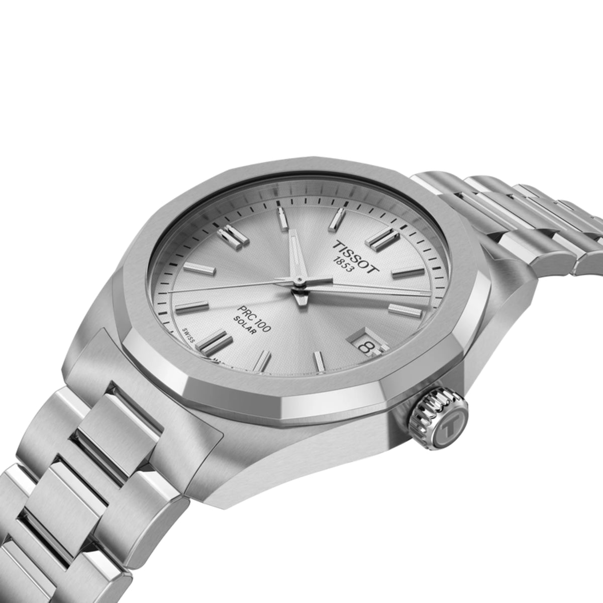 Silver Tissot watch on a white background