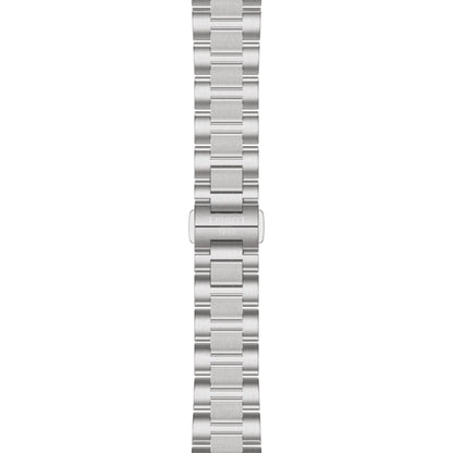 Silver metal watch strap on a white background