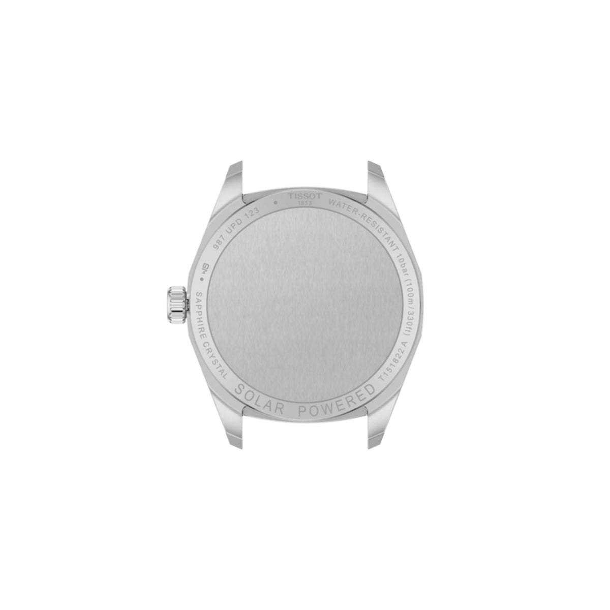Silver watch case with 'Solar Powered' text on a white background