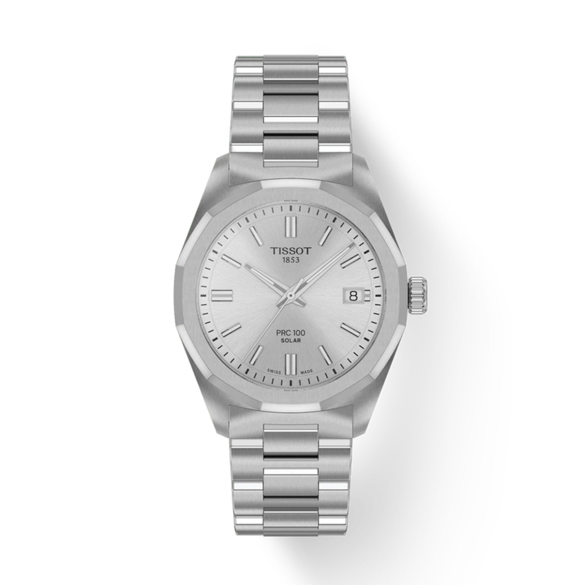 Silver Tissot watch on a white background