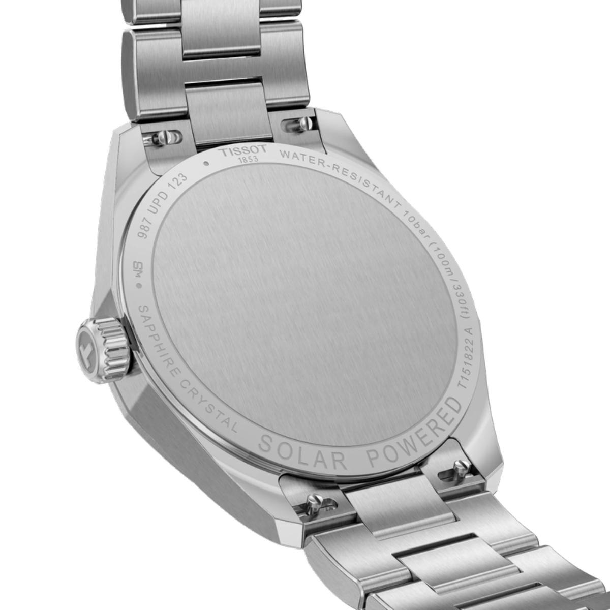 Silver watch with 'Solar Powered' text on a white background