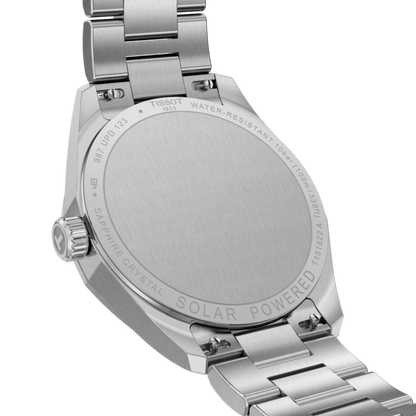 Silver watch with 'Solar Powered' text on a white background