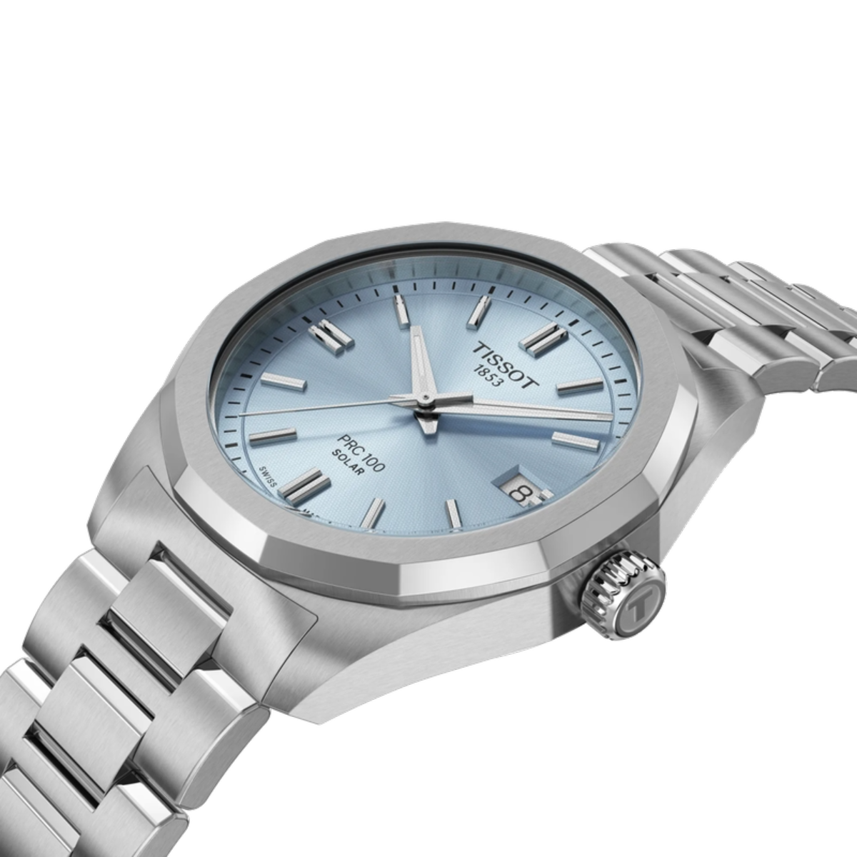 Silver Tissot watch with blue dial on a white background