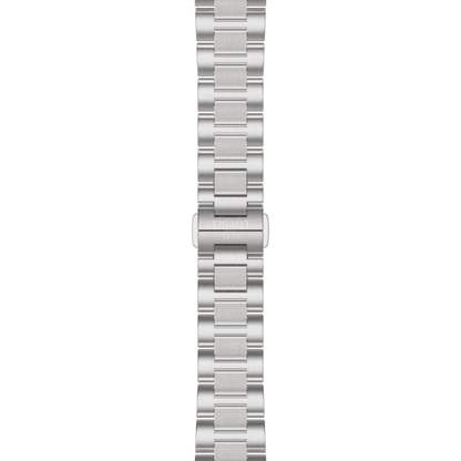 Silver metal watch strap on a white background