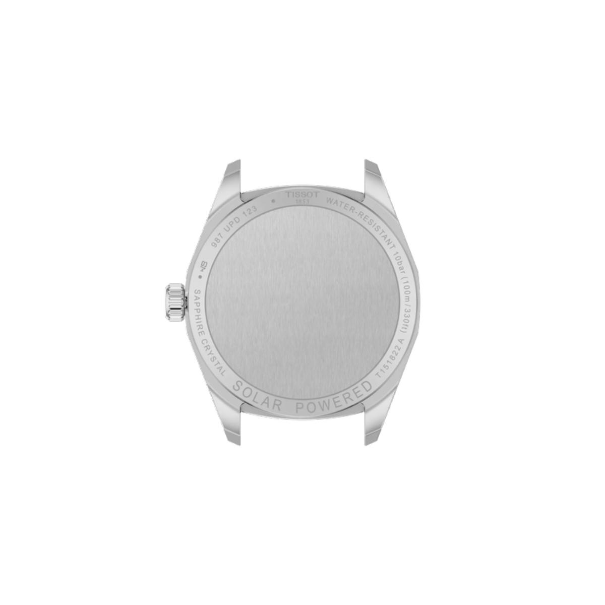 Silver watch case with 'Solar Powered' text on a white background