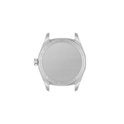 Silver watch case with 'Solar Powered' text on a white background