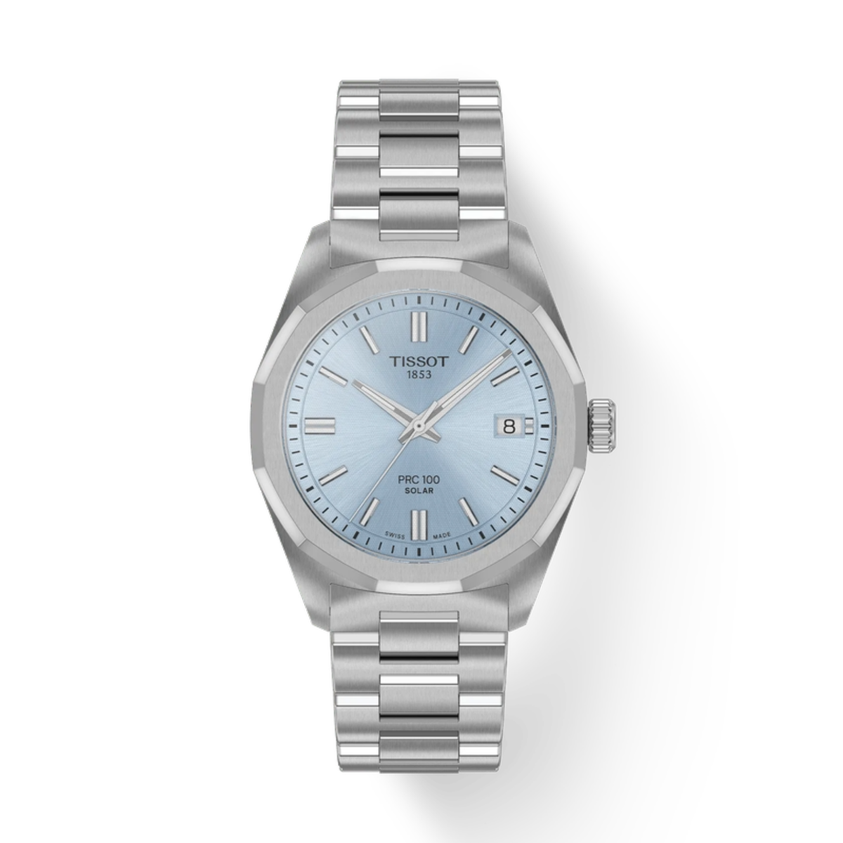 Silver Tissot watch with a light blue face on a white background