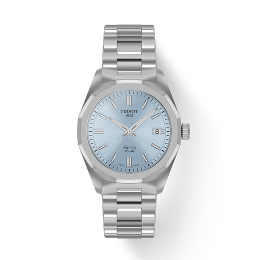 Silver Tissot watch with a light blue face on a white background