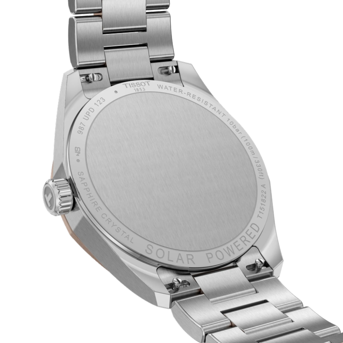 Silver watch with 'Solar Powered' text on a white background