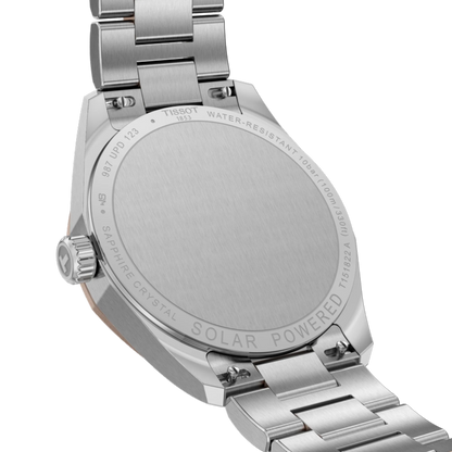Silver watch with 'Solar Powered' text on a white background