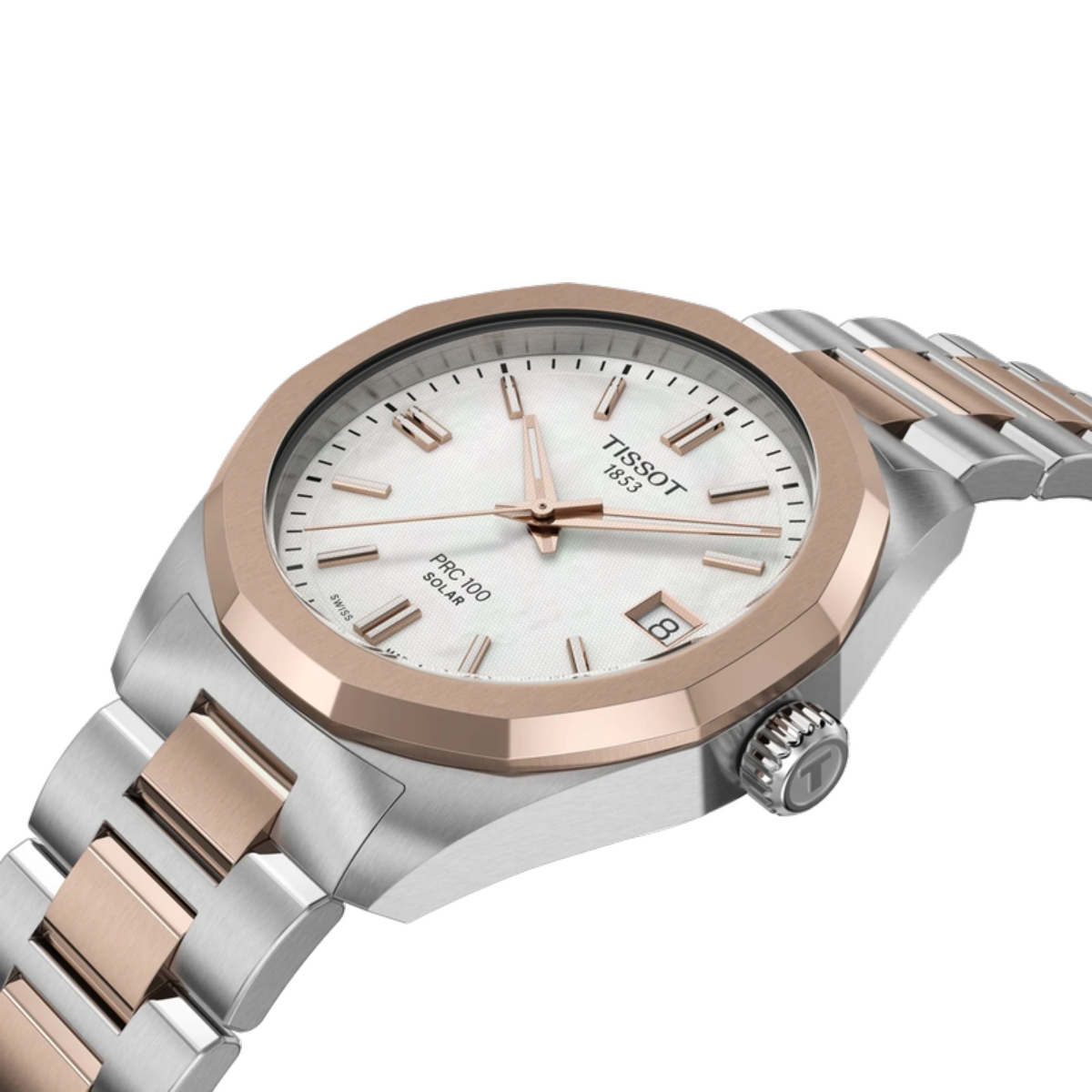 Tissot watch with silver and rose gold band on a white background
