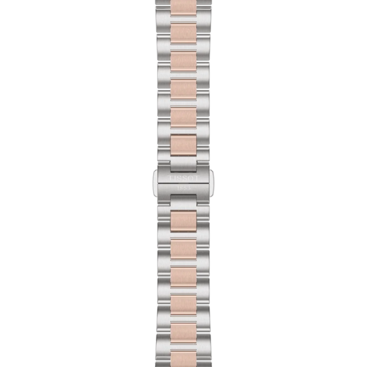 Two-tone watch band with silver and rose gold colors on a white background