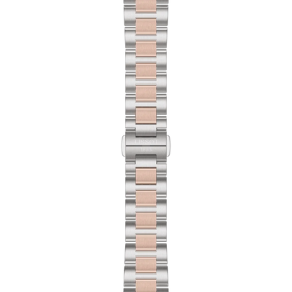 Two-tone watch band with silver and rose gold colors on a white background