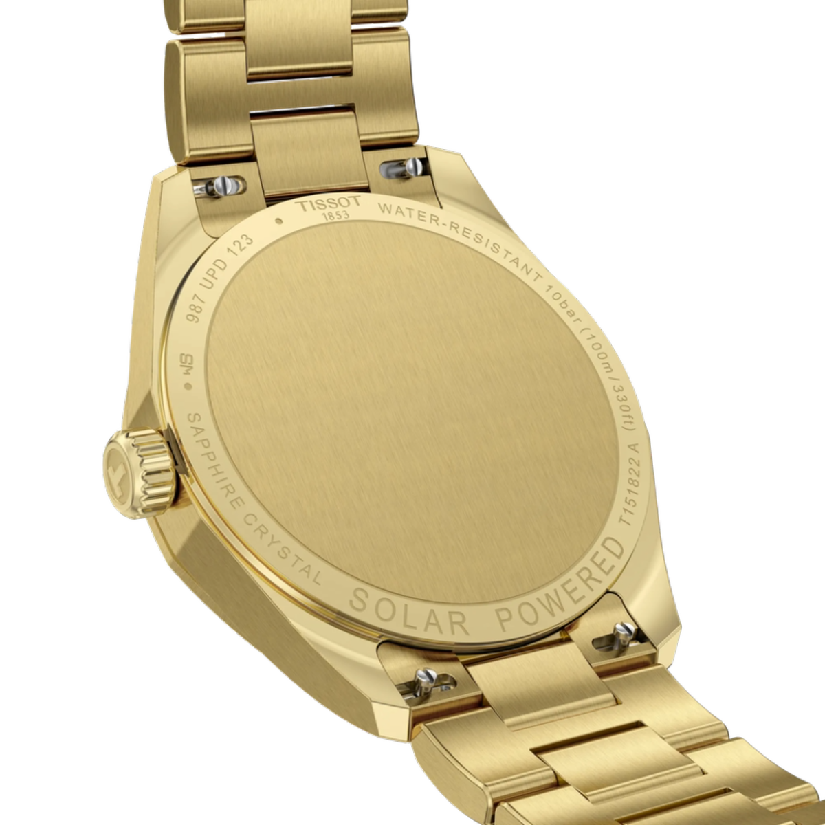 Gold watch with 'Tissot' branding on a white background