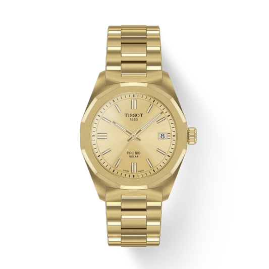 Gold Tissot watch on a white background