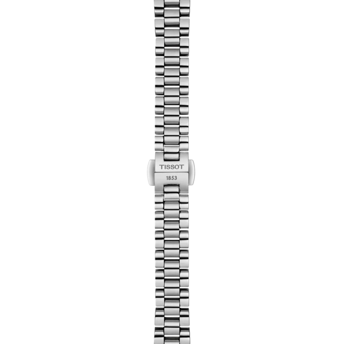Silver watch strap with Tissot logo on a white background